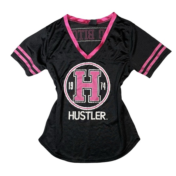 Hustler Hollywood Tops - Hustler Jersey Top Womens XL Punk Hot Pink Black Mesh T Shirt Sexy Bad B*tch Y2k